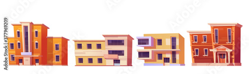 City houses, buildings for apartments, office or store isolated on white background. Vector cartoon set of facade of residential house, business and commercial architecture in modern and classic style