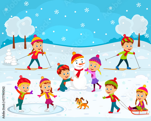 kids,boys and girls play outdoor, go skiing, make a snowman, skate, with sled on the winter background