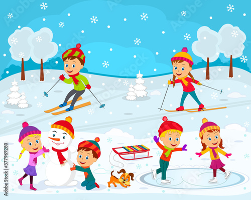 kids,boys and girls play outdoor, go skiing, make a snowman, skate on the winter background