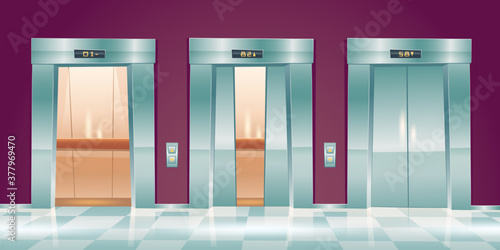 Cartoon lift doors, empty elevators in office hallway with closed, slightly ajar and open doorways. Lobby interior with passenger or cargo cabins, button panel and floor indicator vector illustration