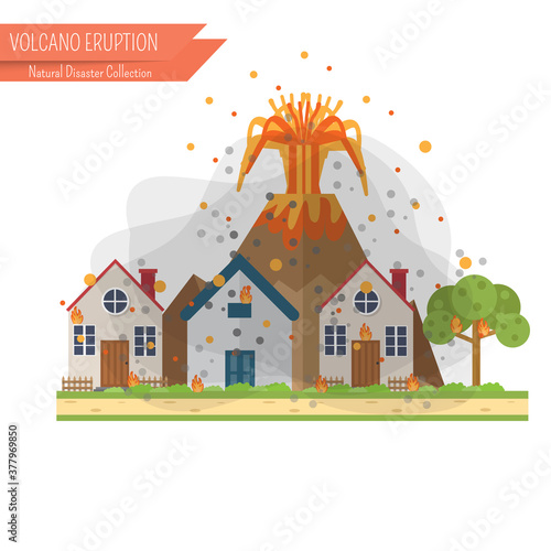 Volcano eruption. The city was full of ashes. Natural disaster collection.Vector illustration.