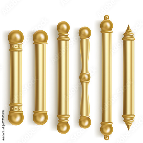 Baroque gold door handles for room interior in office or home. Vector realistic set of vintage golden long door pull knobs. Bar shape handles with balls isolated on white background