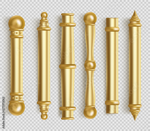 Baroque gold door handles for room interior in office or home. Vector realistic set of vintage golden long door pull knobs. Bar shape handles with balls isolated on white background