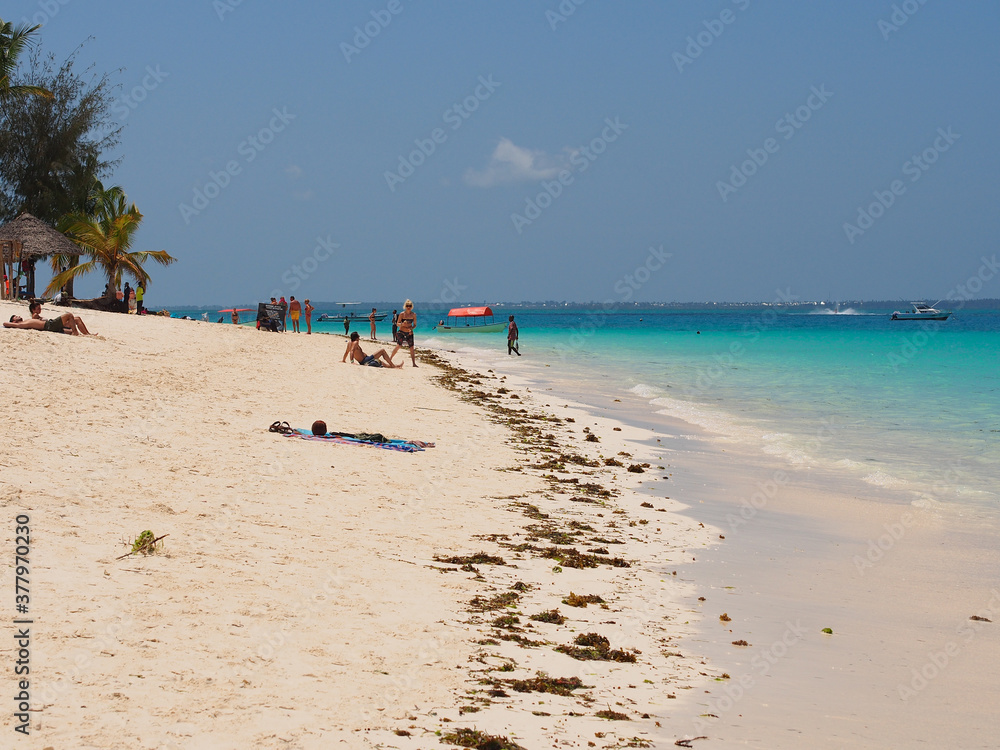 Fototapeta premium Sunny beach day, white sand, blue Indian ocean in Zanzibar island, Tanzania. Copy space for text.