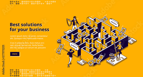 Best business solutions isometric landing page, businessman looking for way to solve problem through maze, employee passing labyrinth, challenge overcoming, aim achieving 3d vector line art web banner
