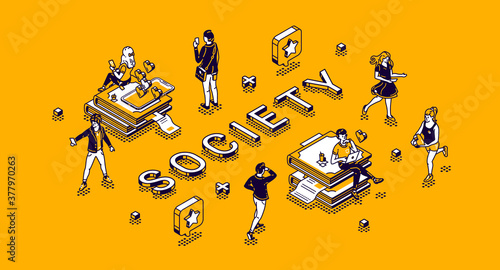 Society isometric concept with tiny characters living routine. People using gadgets, engage sports activity, communicate in internet networks, studying and working 3d vector line art illustration