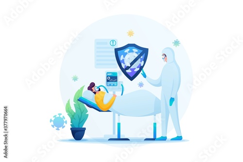Patient with a viral infection lies in a hospital, artificial ventilation of the lungs. Flat 2D. Vector illustration web design