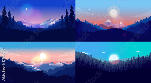 Vector landscape set - A collection of nature landscapes with mountain and forest. Night, day, sunrise and sunset. Natural background and wallpaper concept. Vector illustration.