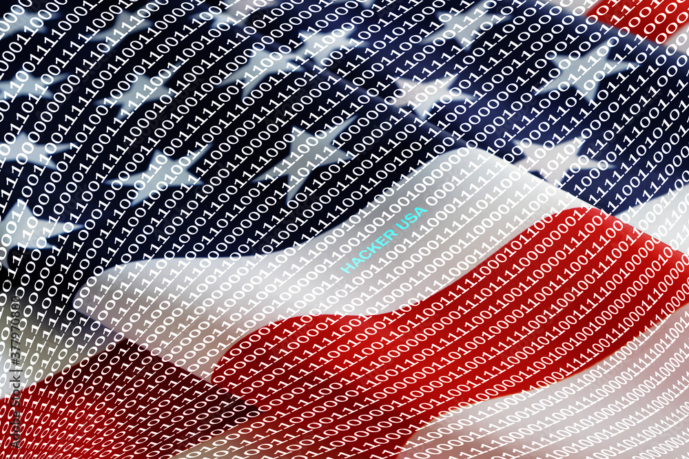 Binary code with inscription hacker usa on background of American flag. Binary code with inscription hacker usa on background of American flag.