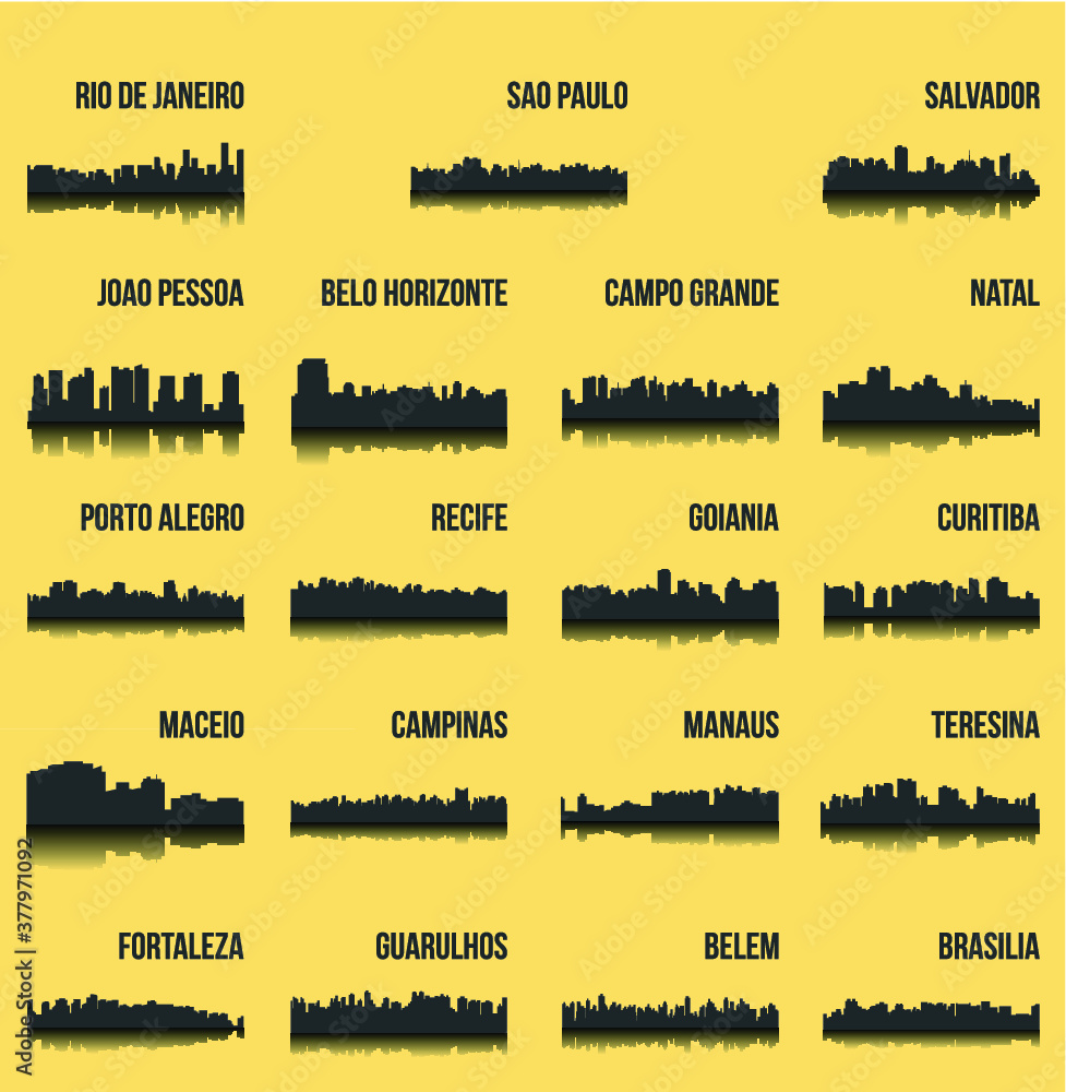 Set of 19 city silhouette in Brazil ( Rio de Janeiro, Salvador, Sao Paulo, Belem, Teresina, Natal, Campo Grande, Recife, Curitiba, Maceio, Goiania, Fortaleza, Manaus, Belo Horizonte, Campinas, )