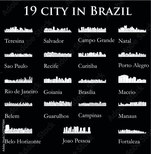 Set of 19 city silhouette in Brazil ( Rio de Janeiro, Salvador, Sao Paulo, Belem, Teresina, Natal, Campo Grande, Recife, Curitiba, Maceio, Goiania, Fortaleza, Manaus, Belo Horizonte, Campinas, )