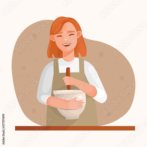 Vector hand-drawn illustration in flat style. A girl in an apron is cooking. Mixes the ingredients in a bowl. Abstract background with leaves. Wooden table. Homemade food, breakfast, cozy atmosphere