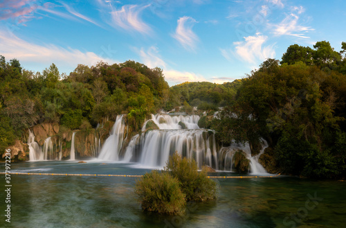 Krka waterfalls in Croatia during a beautiful sunset