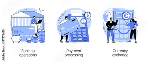 Financial services abstract concept vector illustration set. Banking operations, payment processing, currency exchange, check account, manage deposit, forex broker, cash money abstract metaphor.