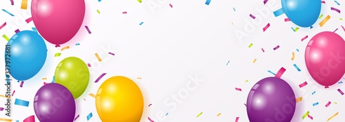 Celebration banner with colorful confetti and balloons