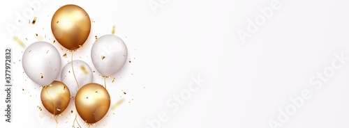 Celebration banner with gold confetti and balloons