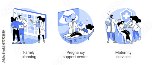 Pregnancy and birth support abstract concept vector illustration set. Family planning, pregnancy support center, maternity services, women healthcare, perinatal care, contraception abstract metaphor.