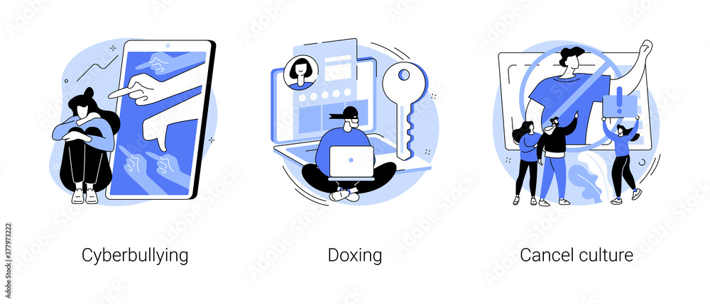 Fototapeta premium Internet harassment abstract concept vector illustration set. Cyberbullying and doxing, cancel culture, private content, celebrity shaming, hacker attack, social media boycott abstract metaphor.