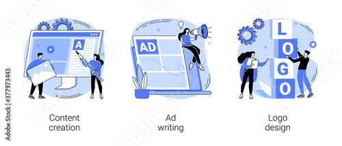 Digital marketing copywriting abstract concept vector illustration set. Content creation, ad writing, logo design, blog post, social media, company website, viral content, client abstract metaphor.