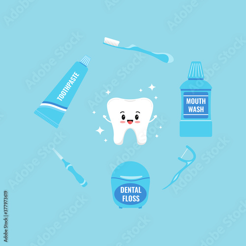 Cute white tooth with oral hygiene products around icons set isolated on background. Tooth sign, mouth wash, dental floss, toothbrush, interdental brush, flosser. Vector flat dentistry illustration.