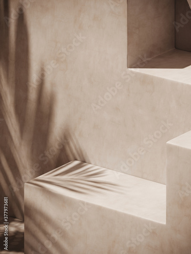 Minimal cosmetic background for product presentation. Sunshade shadow on beige plaster wall. 3d render illustration. 