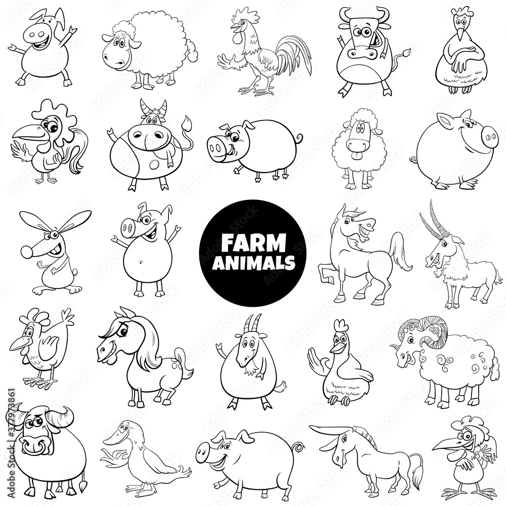 black and white cartoon farm animal characters big set black and white cartoon farm animal characters big set