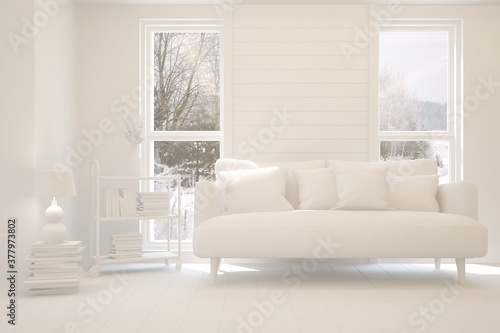 Mock up of stylish room in white color with sofa and winter landscape in window. Scandinavian interior design. 3D illustration