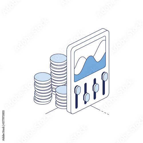 Money coins chart options. Vector 3d line isometric, color web icons set, new flat style. Creative illustration, idea for infographics.