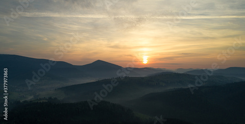 mountains landscape with sun and alpine pines. Sunrise