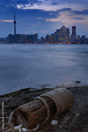 Canvas Print Beached flotsam on the Toronto Island with dusk cityscape