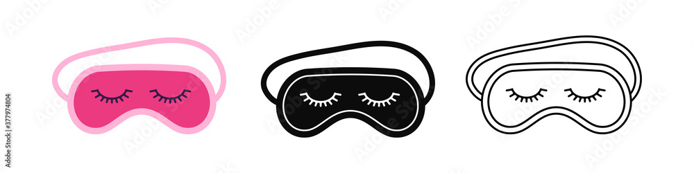Sleep beauty masks with eyelashes icon set. Eye protection wear accessory collection. Relaxation blindfolds isolated on white background. Eye cover flat, simple, line art design vector illustration. Sleep beauty masks with eyelashes icon set. Eye protection wear accessory collection. Relaxation blindfolds isolated on white background. Eye cover flat, simple, line art design vector illustration.
