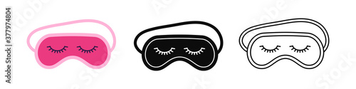Sleep beauty masks with eyelashes icon set. Eye protection wear accessory collection. Relaxation blindfolds isolated on white background. Eye cover flat, simple, line art design vector illustration.