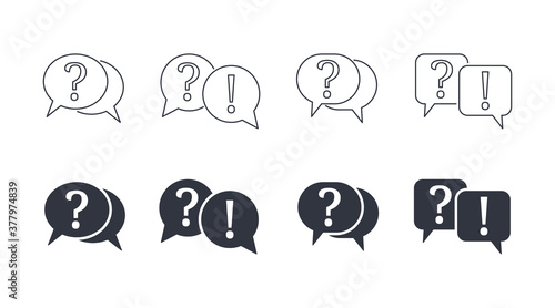 Vector questions answer icons. Question and exclamation mark. Linear filled marks editable strokes. Q and A speech bubble symbols. Support solution assistant FAQ chat