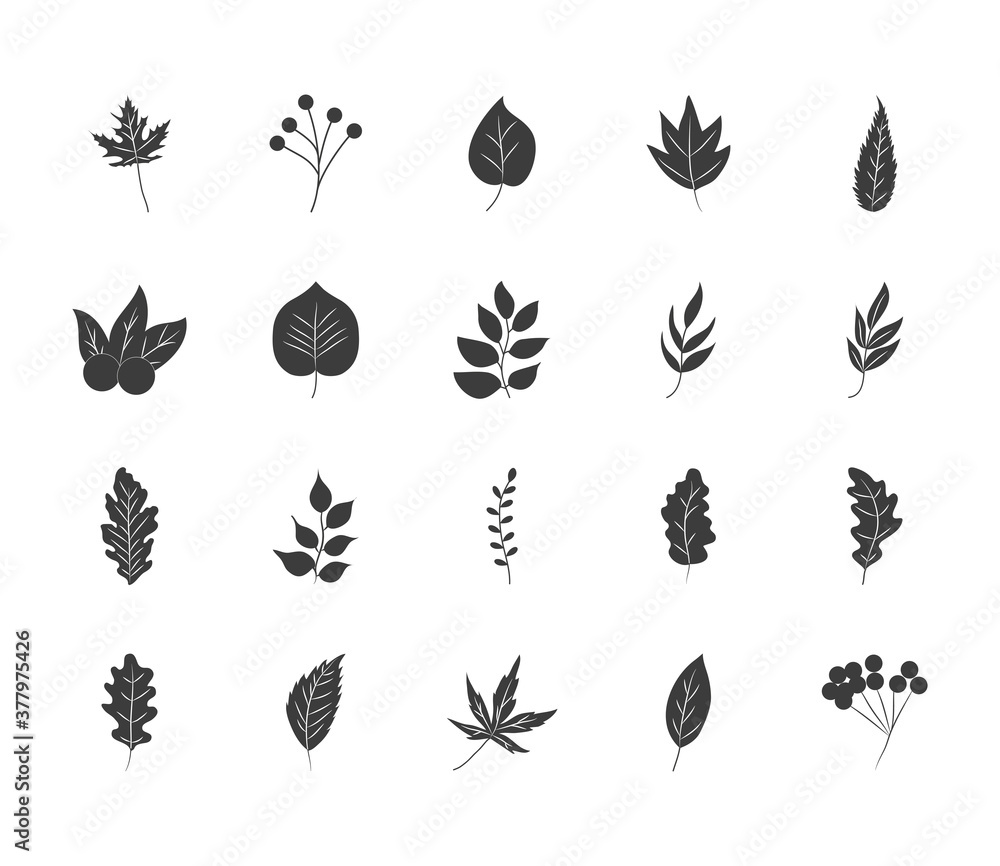 berries and autumn leaves icon set, silhouette style berries and autumn leaves icon set, silhouette style