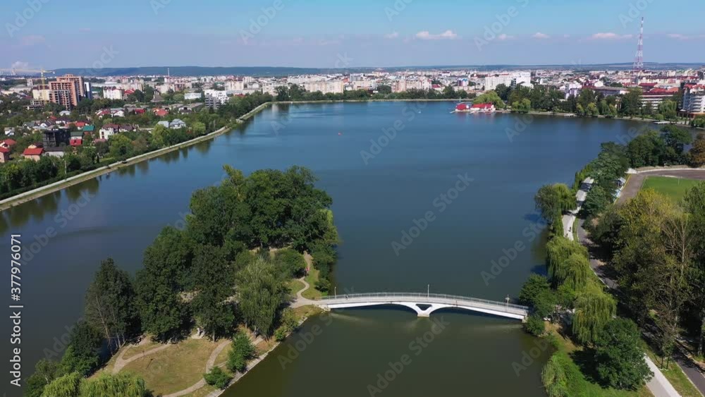 Park with lake in the Ivano-Frankivsk city aerial view. Park with lake in the Ivano-Frankivsk city aerial view.