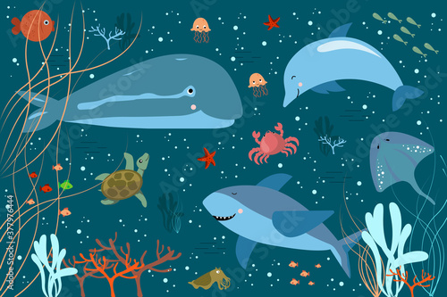 Cartoon underwater concept background. Sea world, cute fish and marine life, algae.