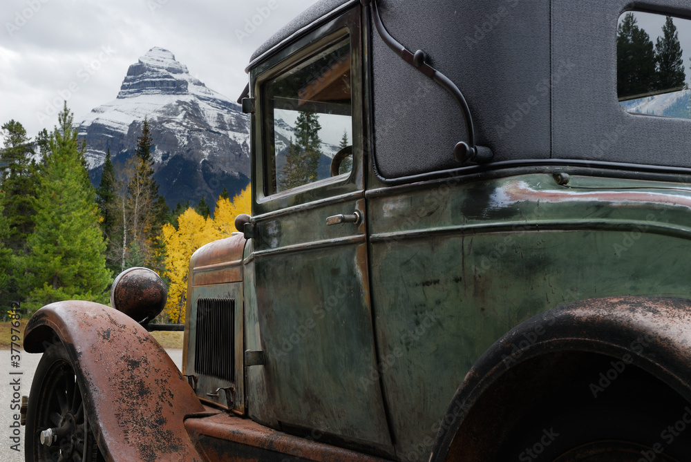 1928 Chevrolet at Johnston Canyon with Pilot Mountain Banff Park