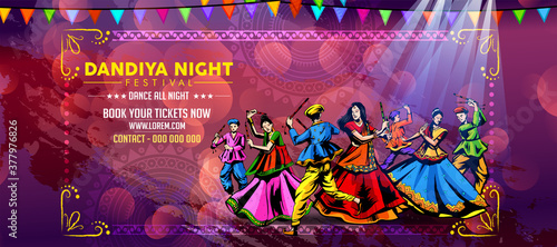 Vector design of Indian couple playing Garba in Dandiya Night  in disco  poster forNavratri Dussehra festival of India Invitation Card Background.