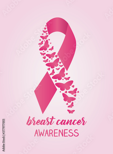 breast cancer awareness design with pink ribbon and butterflies