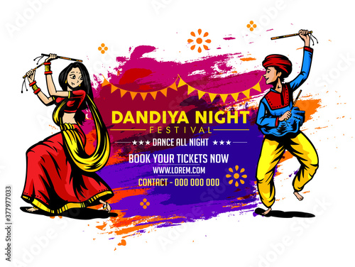 Vector design of Indian couple playing Garba in Dandiya Night in disco poster forNavratri Dussehra festival of India Invitation Card Background.