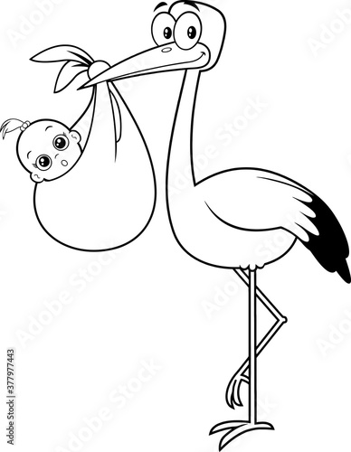 Black And White Stork Delivering A Newborn Baby Girl. Vector Illustration Isolated On White Background