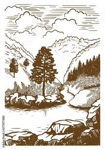 beautiful natural landscape. the turn of the mountain river between the high hills