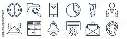 12 pack of icons. thin outline icons such as paint palette, diploma, bookshelf, paint tube, cellphone, searching files for web and mobile apps, logo