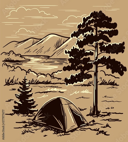 beautiful natural landscape. tourist tent on the bank of a mountain river between the high hills