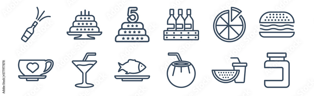 12 pack of icons. thin outline icons such as protein container, drink in a coconut, cocktail on a glass, pizza slice cut, five birthday cake, birthday cake with candles for web and mobile apps, logo 12 pack of icons. thin outline icons such as protein container, drink in a coconut, cocktail on a glass, pizza slice cut, five birthday cake, birthday cake with candles for web and mobile apps, logo