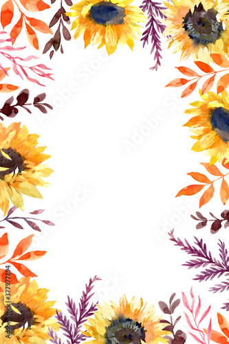 Frame with sunflower, fall leaves and branches. Autumn wedding and thanksgiving card and poster template