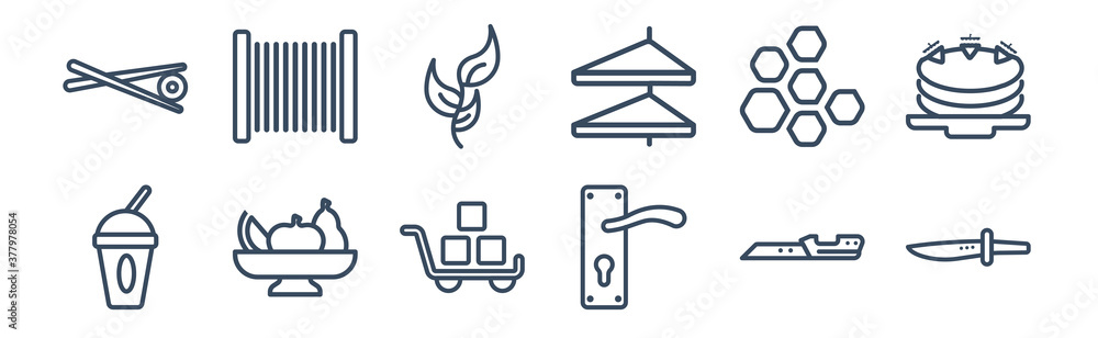 12 pack of icons. thin outline icons such as knifes, hotel service, fruit salad, honeycombs, herb, fishing line for web and mobile apps, logo 12 pack of icons. thin outline icons such as knifes, hotel service, fruit salad, honeycombs, herb, fishing line for web and mobile apps, logo