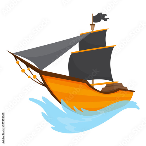 Stylized cartoon pirate ship illustration with black sails. Cute vector drawing. Pirate Ship sailing on water