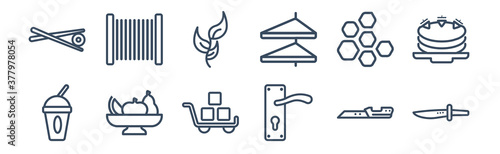 12 pack of icons. thin outline icons such as knifes, hotel service, fruit salad, honeycombs, herb, fishing line for web and mobile apps, logo