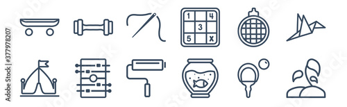 12 pack of icons. thin outline icons such as gardening, fish tank, table football, disco ball, sewing, dumbell for web and mobile apps, logo